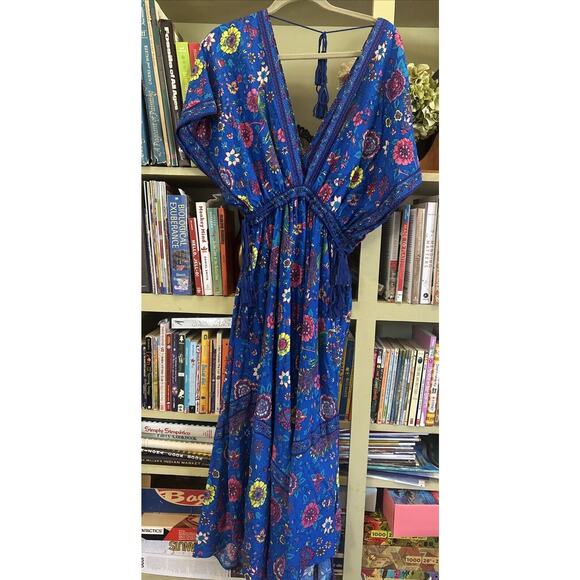NWT R.Vivimos Blue Floral Caftan Dress Print V-Neck Short Sleeve Sz M 8 10 Maxi - Picture 2 of 5
